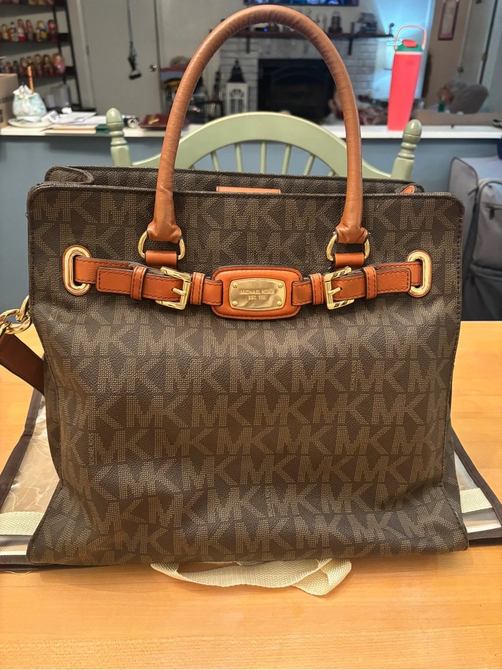 Michael Kors Hamilton Brown Signature MK Logo Large Tote Shoulder Bag